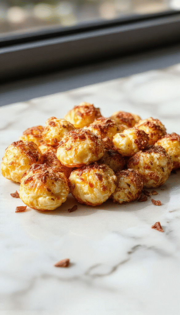 A close-up of crispy corn cheese bites arranged on a white plate, golden-brown exterior with melty cheese visible, garnished with chopped herbs, styled on a rustic wooden surface with a dipping sauce on the side, bright lighting highlighting their crispy texture.