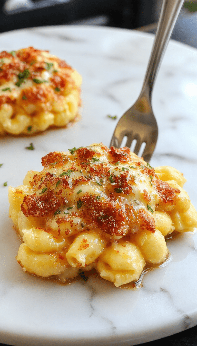 A vibrant bowl of gourmet baked mac and cheese topped with a golden, crunchy breadcrumb crust, garnished with fresh herbs, served on a rustic wooden table