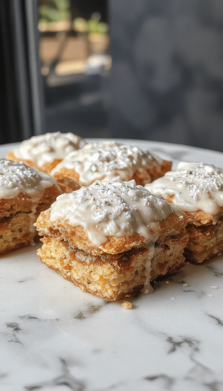 A close-up of golden-brown cannoli squares with creamy ricotta filling, garnished with powdered sugar and chocolate chips, presented on a rustic wooden platter with a dusting of powdered sugar.