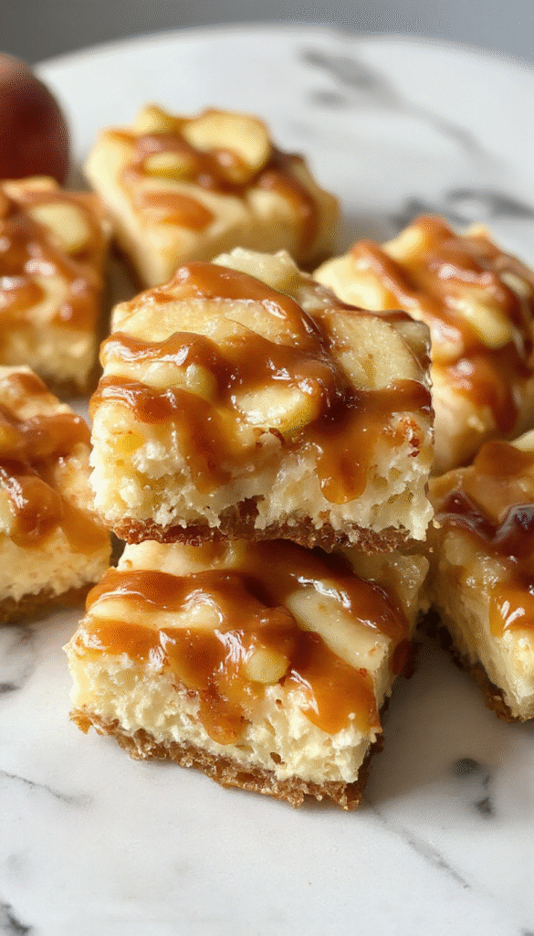 A close-up of caramel apple cheesecake bars arranged on a white plate, with golden caramel drizzle, a crumbly graham cracker crust, creamy cheesecake filling topped with caramel slices and thin apple slices. The bars have a glossy caramel topping and a rustic appeal with a sprinkle of cinnamon.