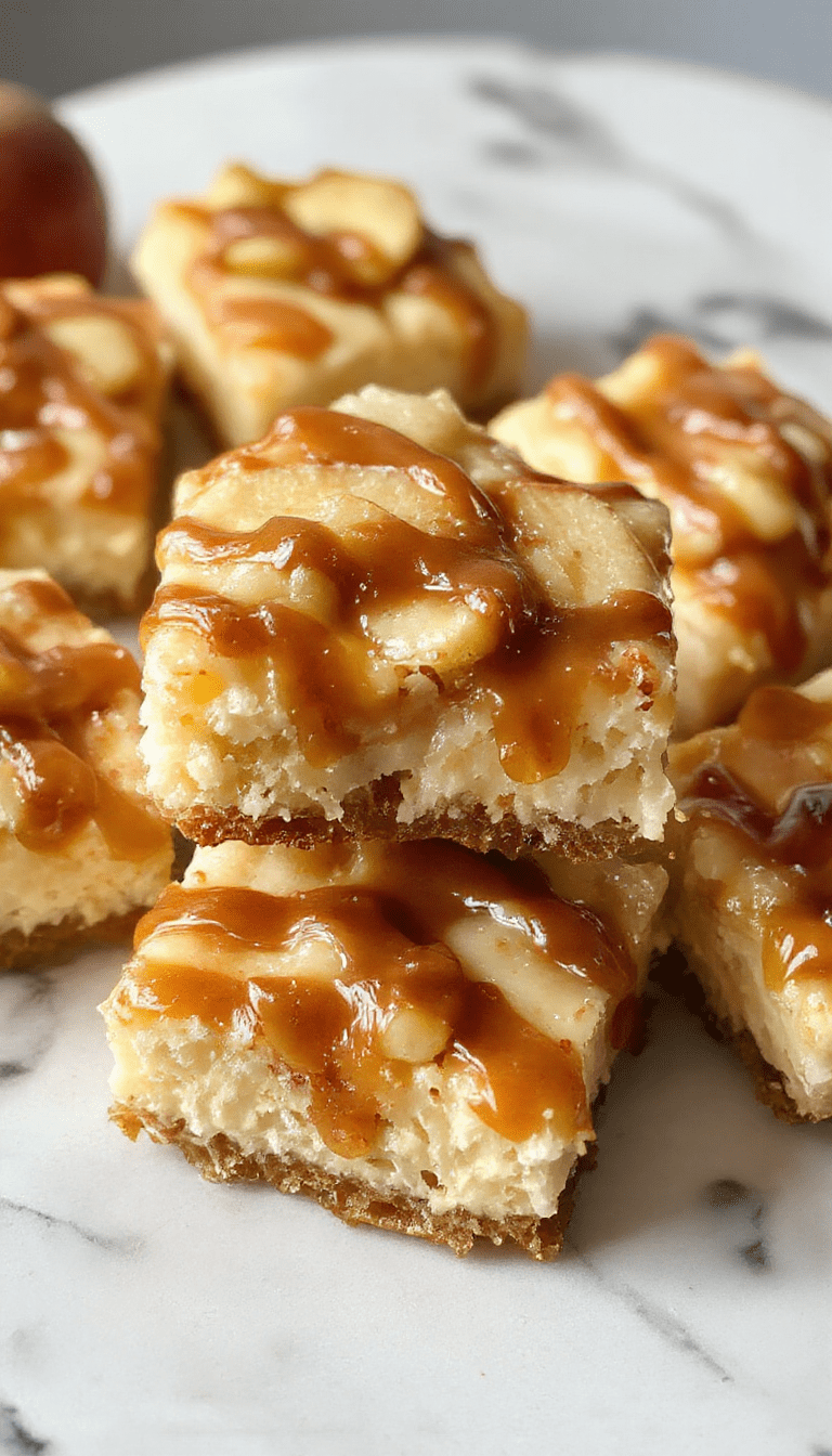 A close-up of caramel apple cheesecake bars arranged on a white plate, with golden caramel drizzle, a crumbly graham cracker crust, creamy cheesecake filling topped with caramel slices and thin apple slices. The bars have a glossy caramel topping and a rustic appeal with a sprinkle of cinnamon.