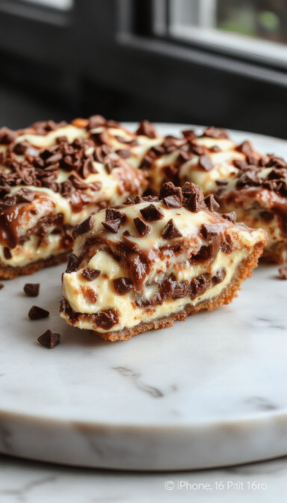 A close-up of a luscious slice of chocolate chip cannoli pie on a rustic wooden table. The pie has a golden-brown crust topped with drizzles of chocolate and sprinkled with powdered sugar. The creamy filling is visible with chocolate chips embedded throughout, garnished with a few whole cannoli shells and fresh berries in the background, styled for an inviting presentation.