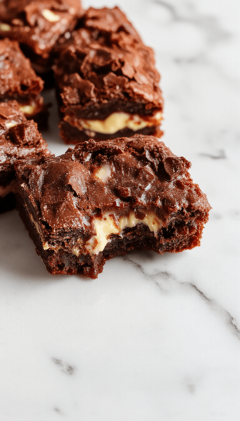A close-up of rich chocolate mousse layered between fudgy brownies, topped with a glossy chocolate glaze and garnished with chocolate shavings and fresh berries, styled on a rustic wooden plate with a drizzle of chocolate sauce in the background.