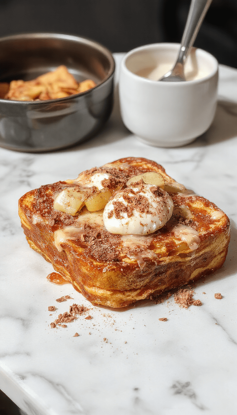 A freshly baked cinnamon apple French toast bake presented in a rustic white dish with golden-brown crust, topped with cinnamon sugar and caramelized apple slices, garnished with a sprinkle of powdered sugar and served with a dollop of whipped cream.