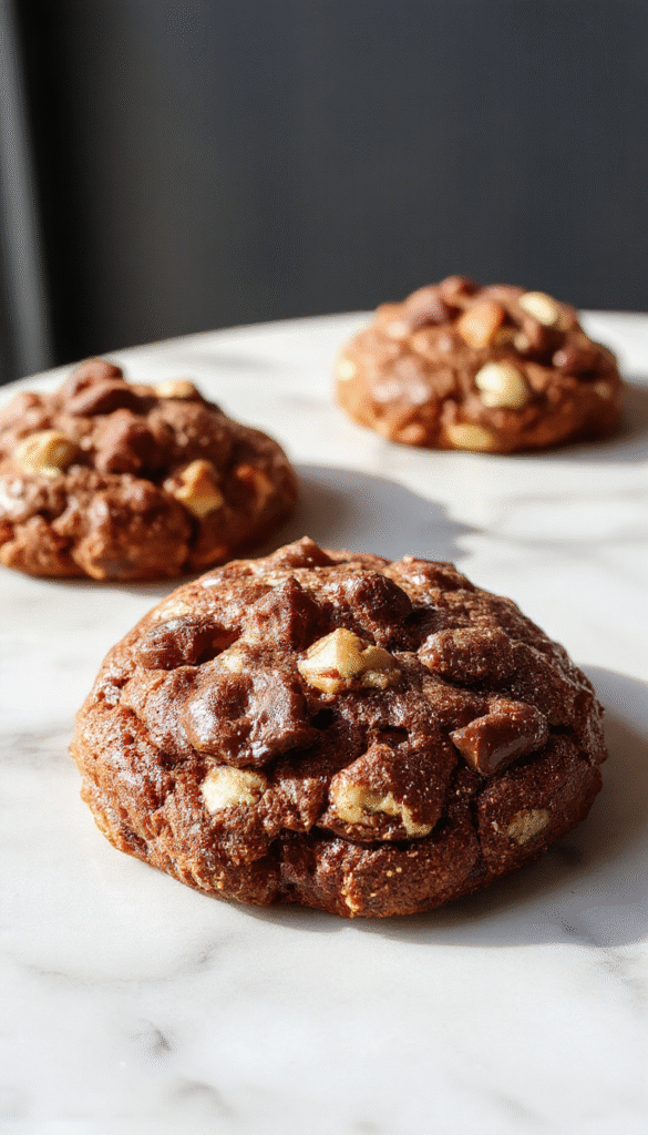 A close-up of a freshly baked chocolate walnut cookie on a rustic wooden plate, showing a gooey center with chunks of chocolate and walnuts, topped with a drizzle of melted chocolate and a sprinkle of chopped walnuts, set against a cozy, neutral background with soft natural lighting.
