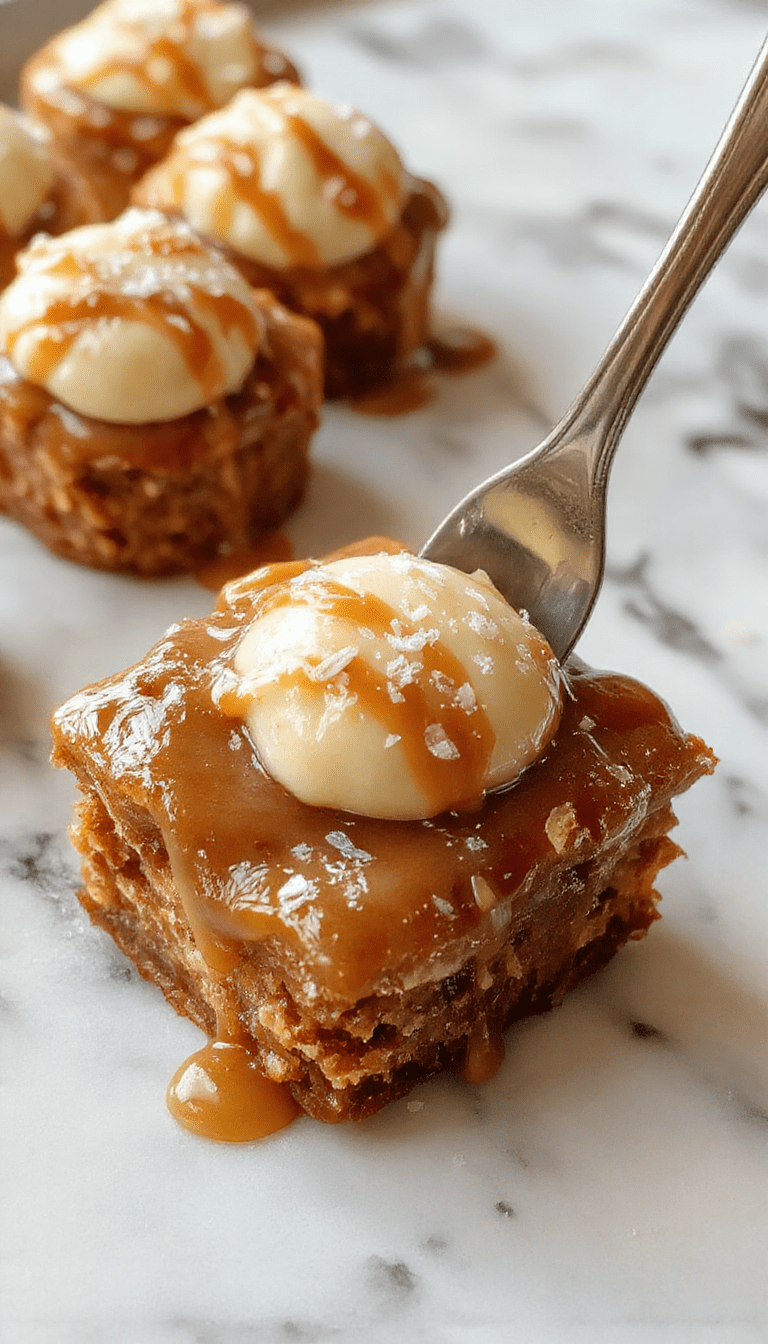 A close-up of a beautifully plated salted caramel dessert featuring a glossy caramel sauce drizzled over soft, buttery cake slices, topped with flaky sea salt crystals and a sprig of fresh mint, all set on a rustic wooden board with a warm, inviting background.