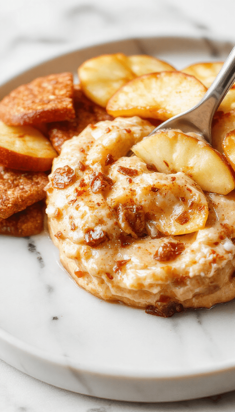 A creamy apple toffee dip in a white bowl adorned with sliced fresh apples, baked toffee chunks sprinkled on top, vibrant caramel drizzles, and a rustic wooden table background, styled with gold and brown accents emphasizing warmth and sweetness.