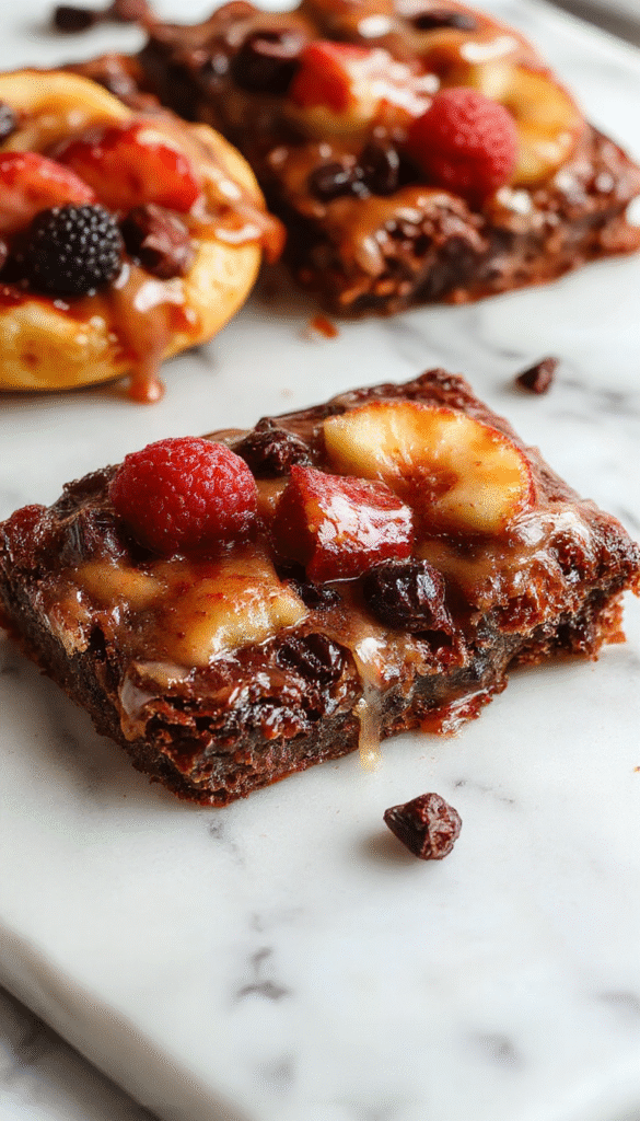 Colorful brownie fruit pizza featuring a chocolate brownie base topped with vibrant fresh strawberries, blueberries, kiwi slices, and banana pieces, all arranged artistically with a drizzle of chocolate and caramel sauces, styled on a white plate with a rustic wooden background.