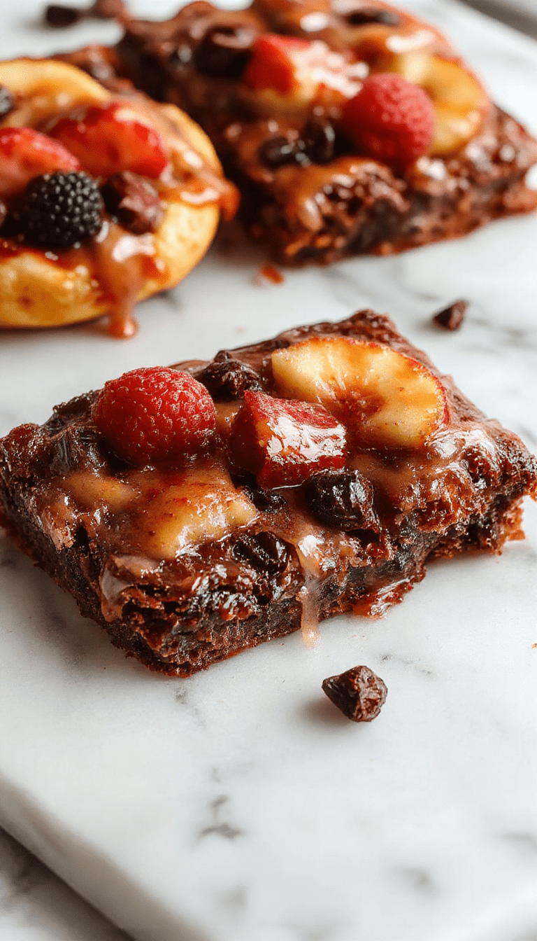 Colorful brownie fruit pizza featuring a chocolate brownie base topped with vibrant fresh strawberries, blueberries, kiwi slices, and banana pieces, all arranged artistically with a drizzle of chocolate and caramel sauces, styled on a white plate with a rustic wooden background.