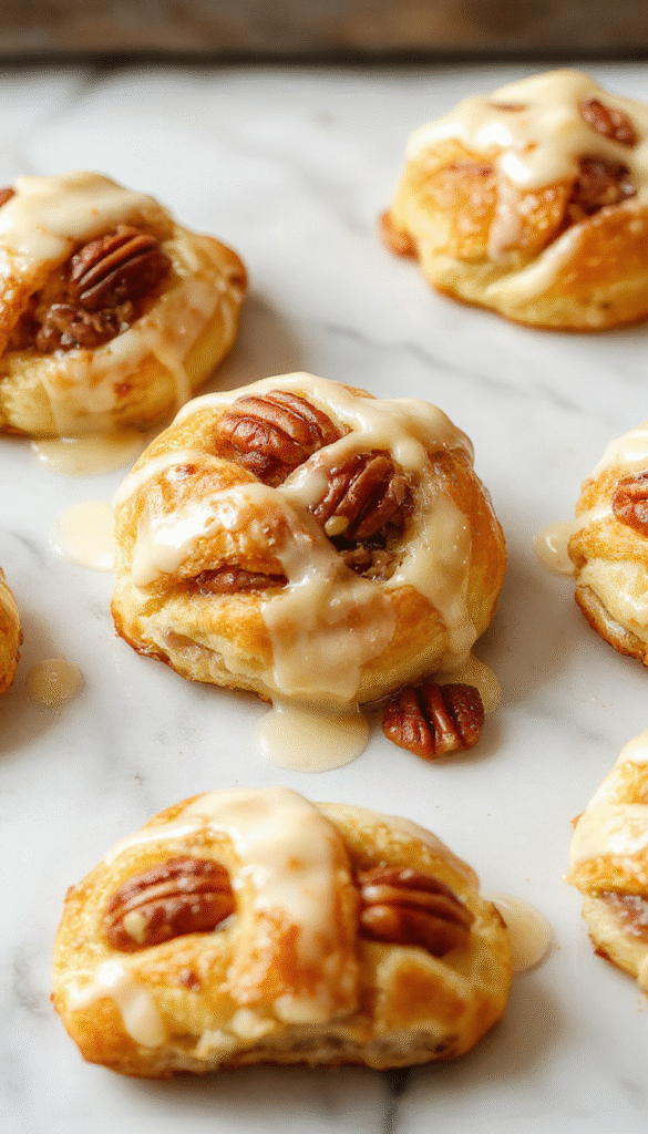 Golden-brown buttery crescent rolls filled with pecan mixture, neatly arranged on a rustic white plate, topped with crushed pecans and a drizzle of glaze, with a warm, inviting background that emphasizes the flaky, tender texture of the baked pastry