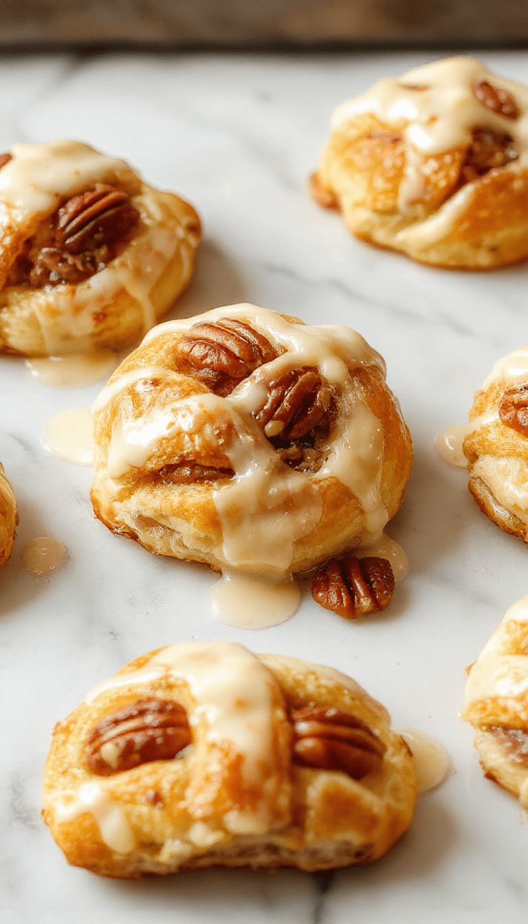 Golden-brown buttery crescent rolls filled with pecan mixture, neatly arranged on a rustic white plate, topped with crushed pecans and a drizzle of glaze, with a warm, inviting background that emphasizes the flaky, tender texture of the baked pastry