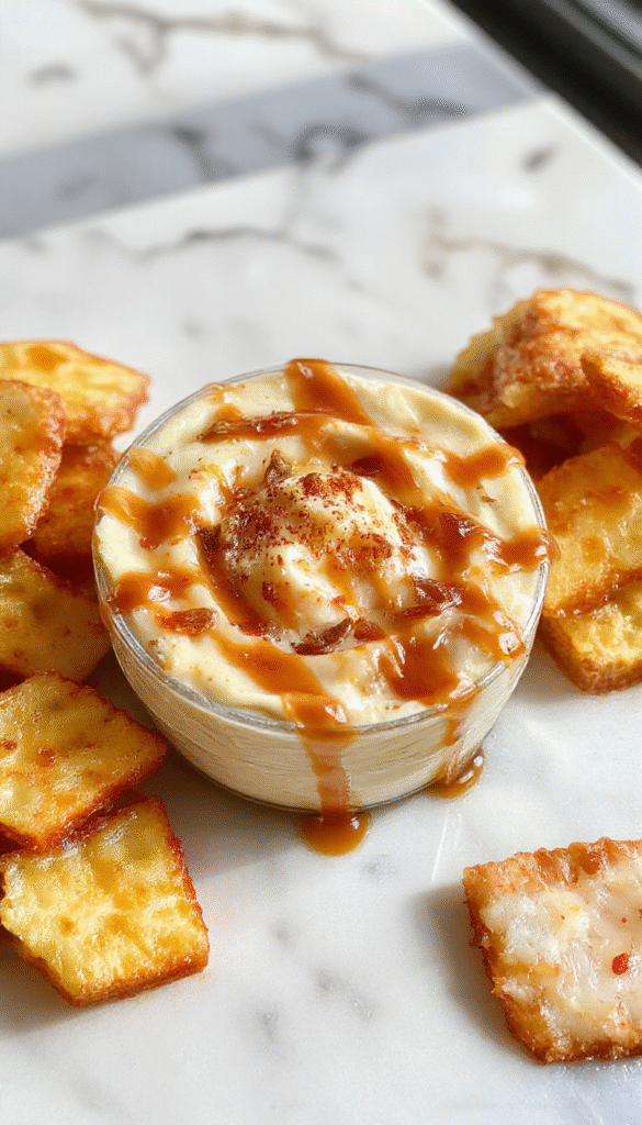 A creamy caramel apple cheesecake dip in a clear glass bowl topped with caramel drizzle and sliced fresh apples surrounding it, served with graham cracker crumbs and sprigs of mint on a rustic wooden platter, evoking a warm and inviting dessert table scene with vibrant caramel and apple colors and smooth texture details.