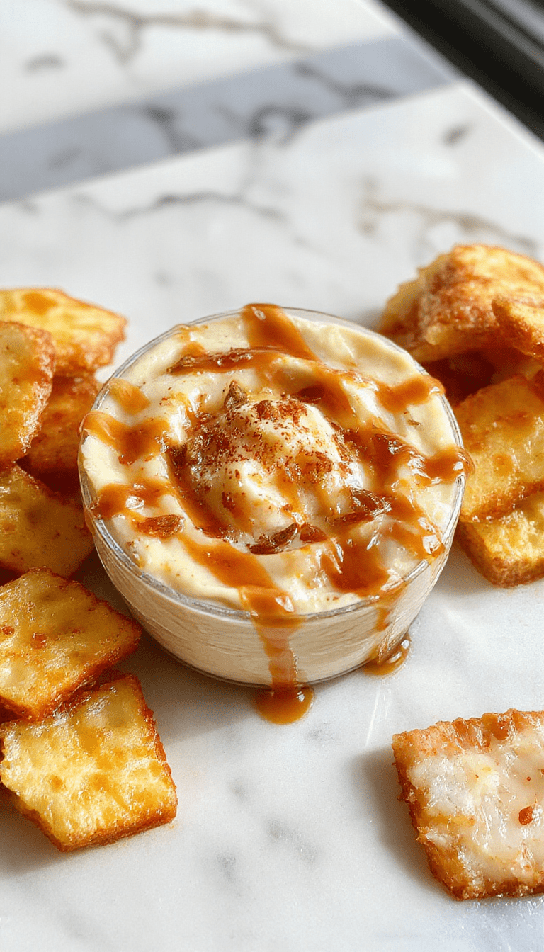 A creamy caramel apple cheesecake dip in a clear glass bowl topped with caramel drizzle and sliced fresh apples surrounding it, served with graham cracker crumbs and sprigs of mint on a rustic wooden platter, evoking a warm and inviting dessert table scene with vibrant caramel and apple colors and smooth texture details.