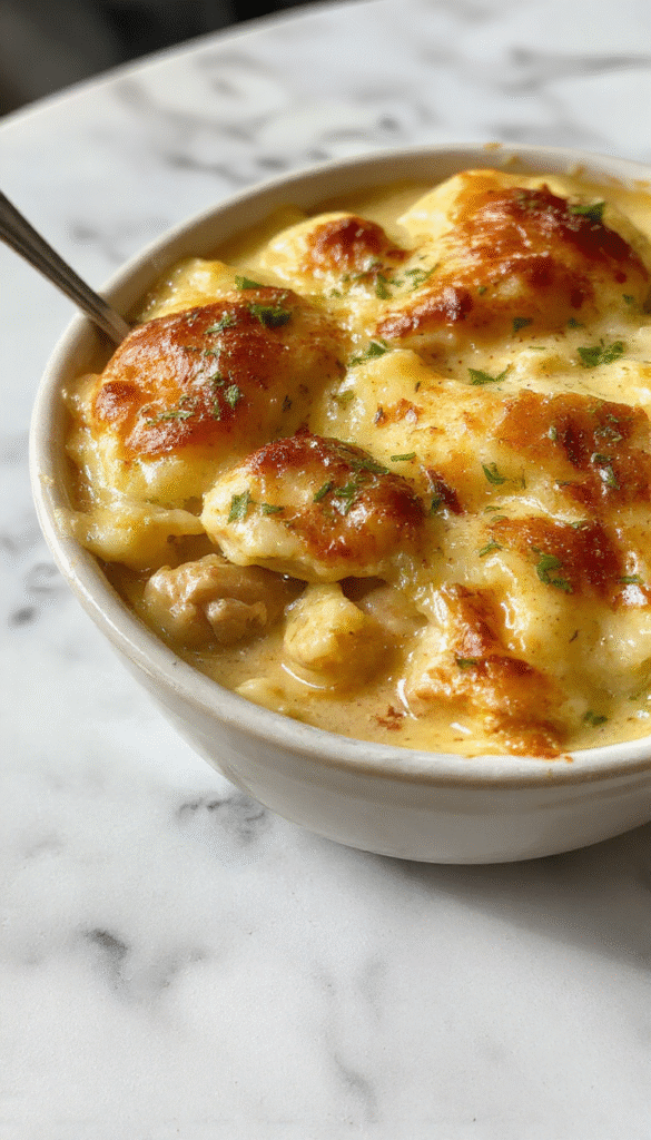 A golden-brown chicken pot pie casserole topped with a flaky crust and garnished with fresh herbs, served in a rustic ceramic dish with visible chunks of chicken, carrots, peas, and potatoes inside a creamy filling, styled on a wooden table with a fork and knife beside.