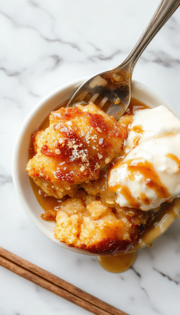 A vibrant plated caramel apple dump cake showcasing golden-brown crumb topping with swirls of caramel and vibrant red apple slices, garnished with a drizzle of caramel sauce and a sprig of mint on a rustic wood surface, with warm lighting highlighting textures and colors.