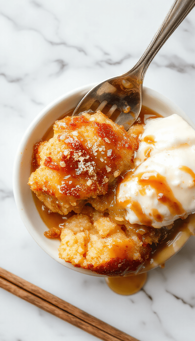 A vibrant plated caramel apple dump cake showcasing golden-brown crumb topping with swirls of caramel and vibrant red apple slices, garnished with a drizzle of caramel sauce and a sprig of mint on a rustic wood surface, with warm lighting highlighting textures and colors.