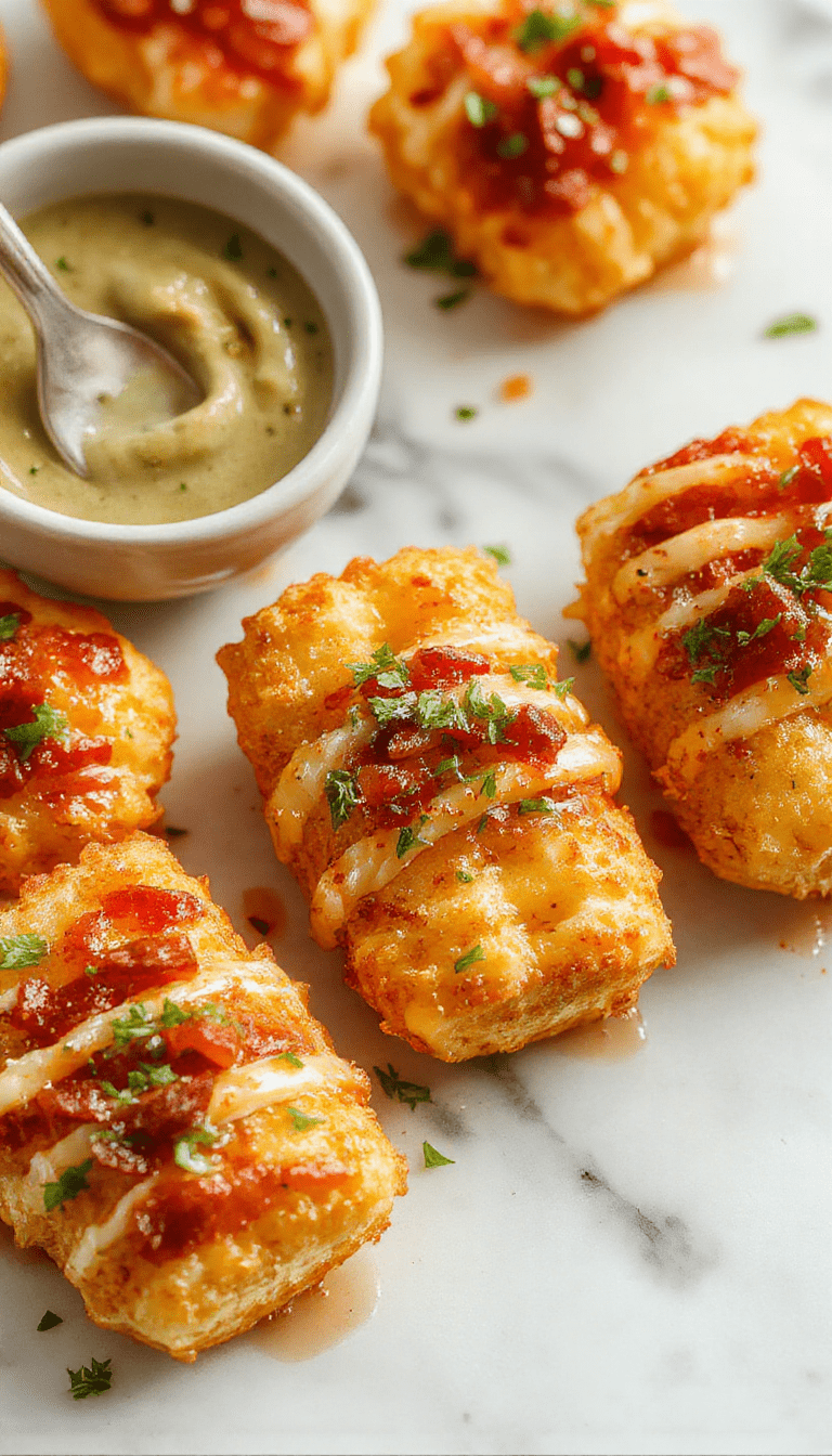 Colorful platter of loaded tater tot appetizers featuring golden crispy tots topped with melted cheese, bacon bits, green onions, and a drizzle of sour cream, styled on a rustic wooden table with fresh ingredients around.