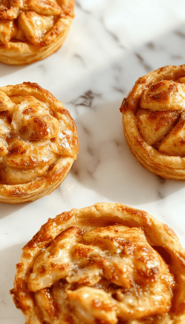 A close-up of golden-brown mini apple pies with flaky crusts and caramelized apple filling, presented on a rustic wooden plate garnished with cinnamon sticks and fresh apple slices, styled with warm lighting to evoke a cozy, inviting atmosphere.