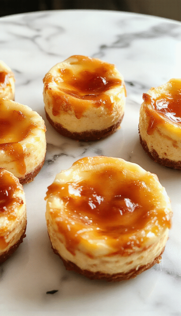 A close-up of four perfectly shaped mini cheesecakes on a white plate, topped with fresh berries and a drizzle of caramel sauce, with a golden-brown crust visible along the edges, set against a rustic wooden background for a tempting and elegant presentation.