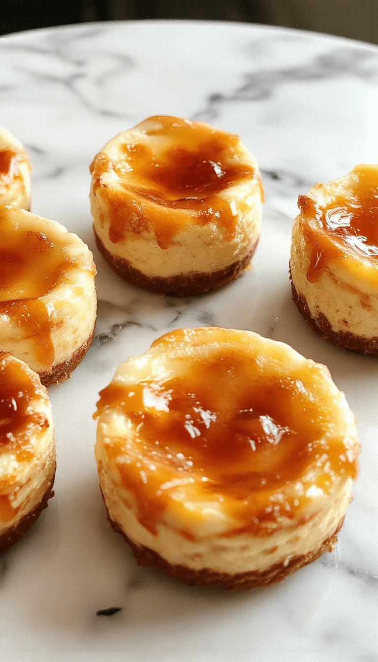 A close-up of four perfectly shaped mini cheesecakes on a white plate, topped with fresh berries and a drizzle of caramel sauce, with a golden-brown crust visible along the edges, set against a rustic wooden background for a tempting and elegant presentation.