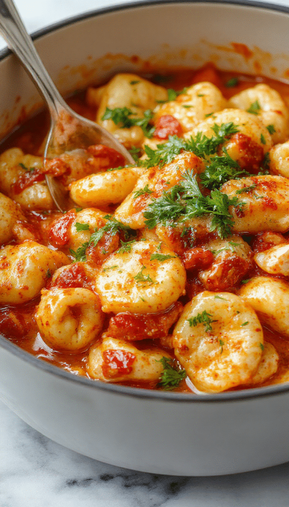 Colorful plate featuring creamy garlic butter chicken tortellini garnished with fresh herbs. The tortellini is coated in a vibrant spicy garlic sauce, with pieces of tender chicken and melted butter visible. The dish is served beautifully with a sprinkle of red chili flakes and chopped parsley, styled on a rustic white plate with a wooden background emphasizing comfort and warmth.