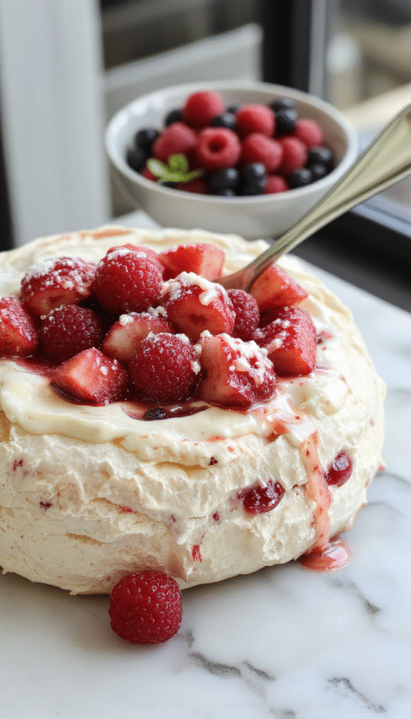Colorful pavlova topped with swirling whipped cream and a variety of vibrant fresh fruits like strawberries, blueberries, and kiwi slices, presented on a white plate with a light, airy meringue base, styled with delicate garnishes and a soft-focus background.