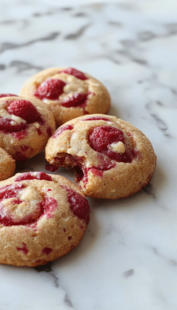 Colorful raspberry swirl cookies arranged on a white plate showcasing vibrant red raspberry swirls against golden-brown cookies, with a few fresh raspberries and mint leaves as garnish, styled in a bright, inviting setting.