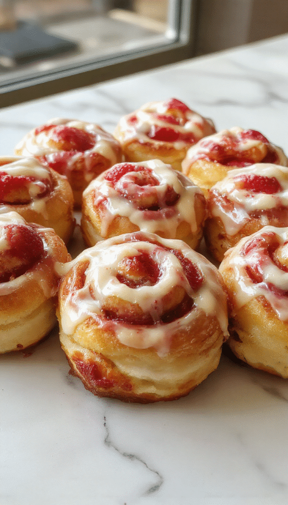 A close-up of golden cinnamon rolls topped with glossy strawberry glaze and cream cheese frosting, garnished with fresh strawberries and mint leaves, styled on a rustic wooden platter with a creamy backdrop.