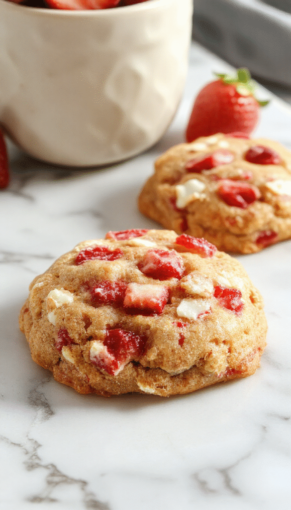 Colorful strawberry crunch cookies arranged on a rustic plate with fresh strawberries and crunchy topping visible, styled with soft natural lighting and a vibrant background