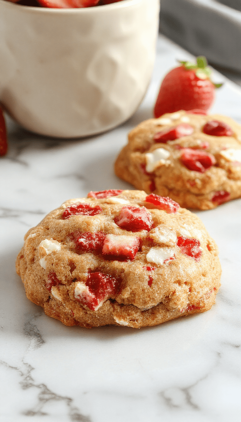 Colorful strawberry crunch cookies arranged on a rustic plate with fresh strawberries and crunchy topping visible, styled with soft natural lighting and a vibrant background