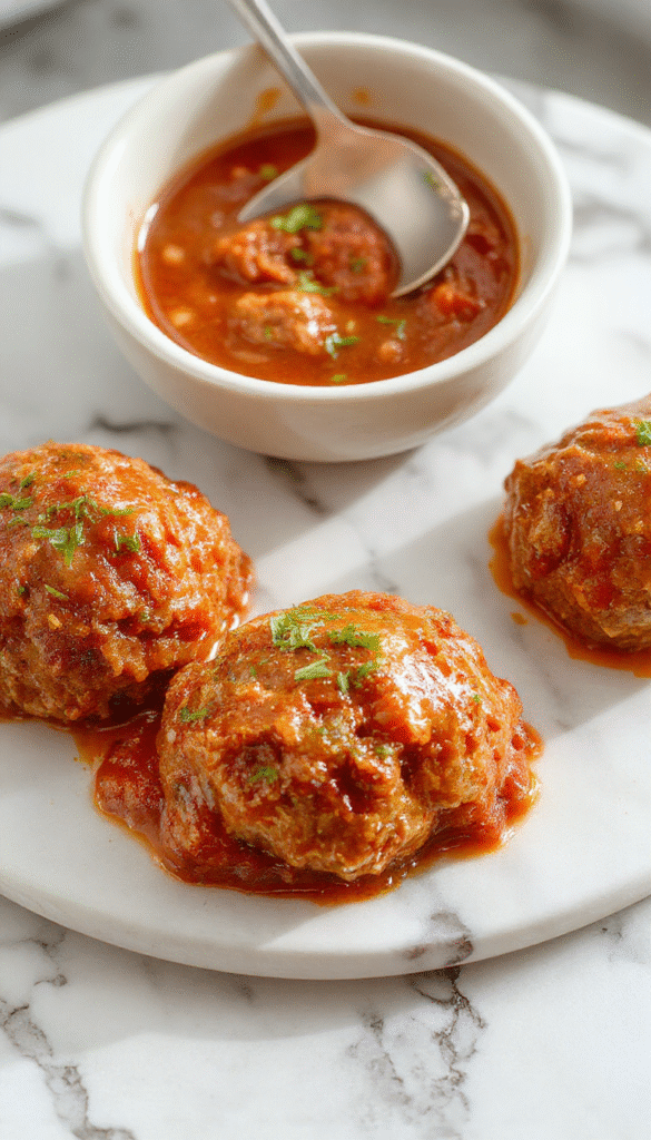 Colorful dish featuring tender meatballs coated in glossy sweet chili sauce, arranged neatly in a white bowl with fresh chopped cilantro and sliced green onions on top, garnished with red chili flakes. Plated on a rustic wooden surface, the vibrant red and orange hues of the sauce contrast with the golden-brown meatballs, creating an appetizing and inviting presentation.