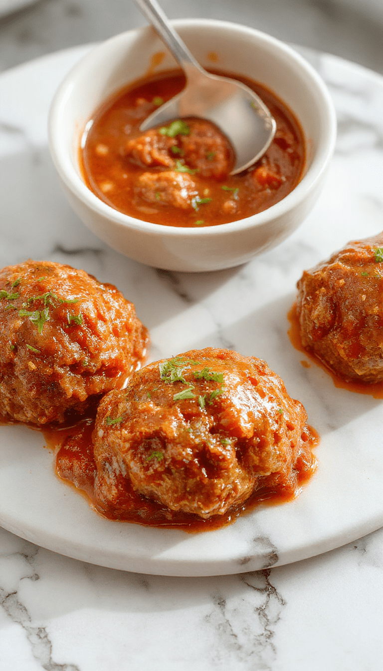 Colorful dish featuring tender meatballs coated in glossy sweet chili sauce, arranged neatly in a white bowl with fresh chopped cilantro and sliced green onions on top, garnished with red chili flakes. Plated on a rustic wooden surface, the vibrant red and orange hues of the sauce contrast with the golden-brown meatballs, creating an appetizing and inviting presentation.