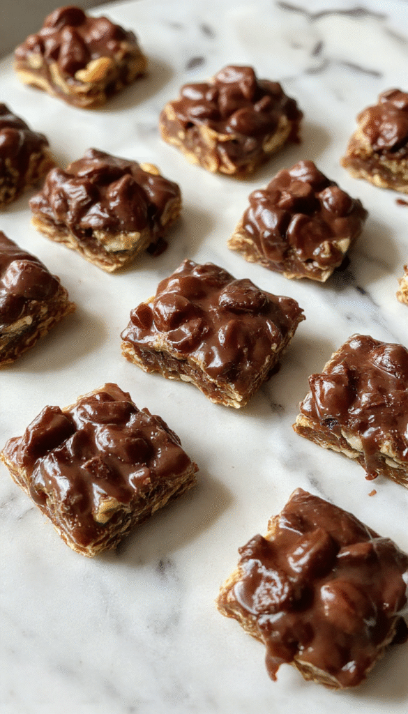Gold and brown layered Turtle Bars on a rustic wooden plate; topped with glossy caramel and chocolate drizzles, sprinkled with chopped nuts, showcasing a luscious, gooey texture with crunchy elements and rich, inviting colors.