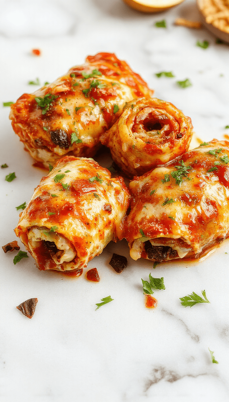 Colorful vegan pizza rolls arranged on a rustic wooden plate, showcasing golden-brown crispy edges, melted plant-based cheese, vibrant tomato sauce, and fresh herbs inside. The rolls are sliced open slightly, revealing gooey cheese and toppings, with a background of a neutral kitchen setting and a sprinkle of herbs on top, highlighting their savory and inviting appearance.