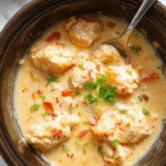 A close-up of a creamy, golden-brown chicken dish topped with fresh herbs, served in a rustic white bowl on a wooden table with vibrant green garnish and a drizzle of sauce, showcasing textures of tender chicken and a rich, luscious sauce, styled for an inviting home-cooked feel.