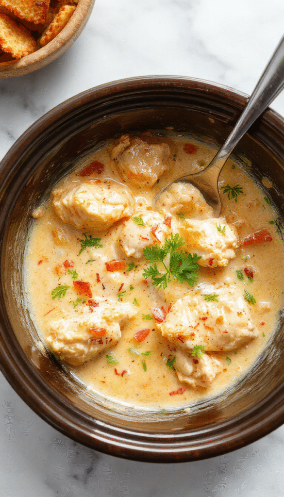 A close-up of a creamy, golden-brown chicken dish topped with fresh herbs, served in a rustic white bowl on a wooden table with vibrant green garnish and a drizzle of sauce, showcasing textures of tender chicken and a rich, luscious sauce, styled for an inviting home-cooked feel.