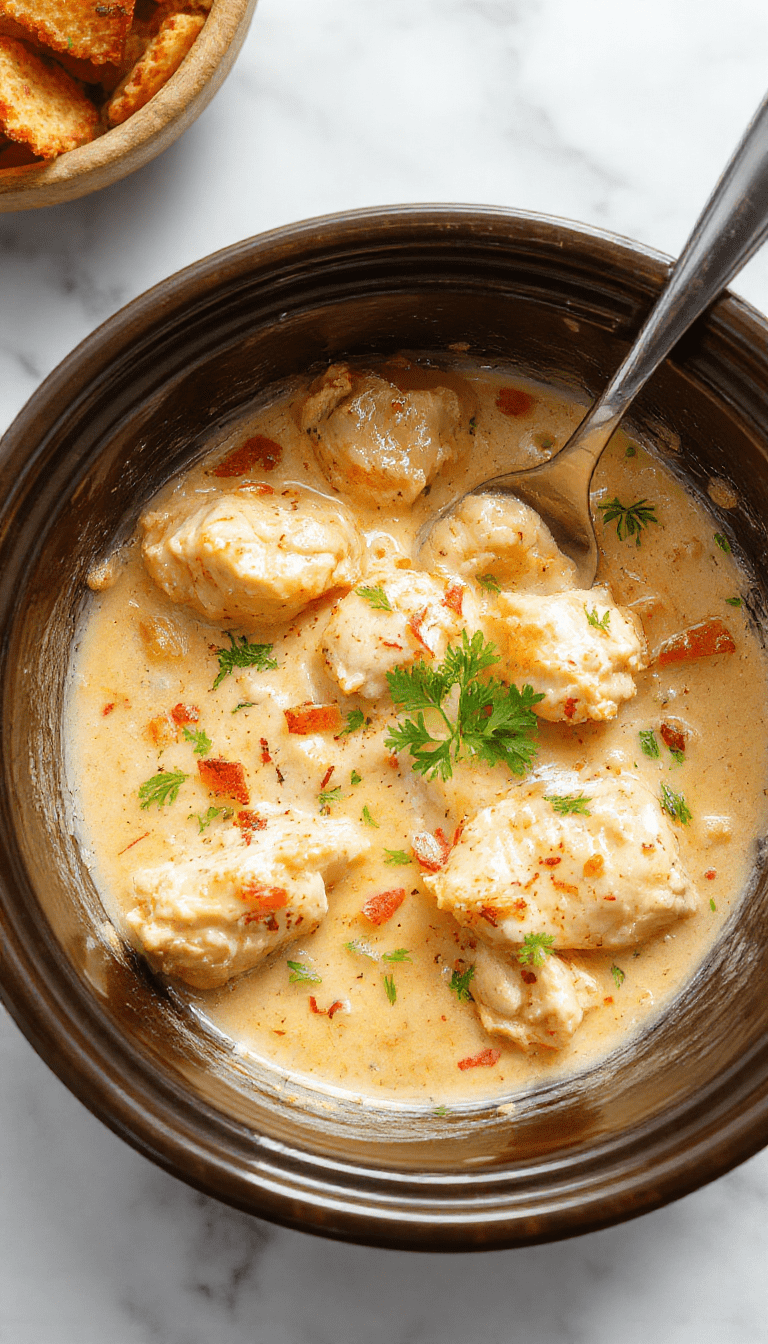 A close-up of a creamy, golden-brown chicken dish topped with fresh herbs, served in a rustic white bowl on a wooden table with vibrant green garnish and a drizzle of sauce, showcasing textures of tender chicken and a rich, luscious sauce, styled for an inviting home-cooked feel.