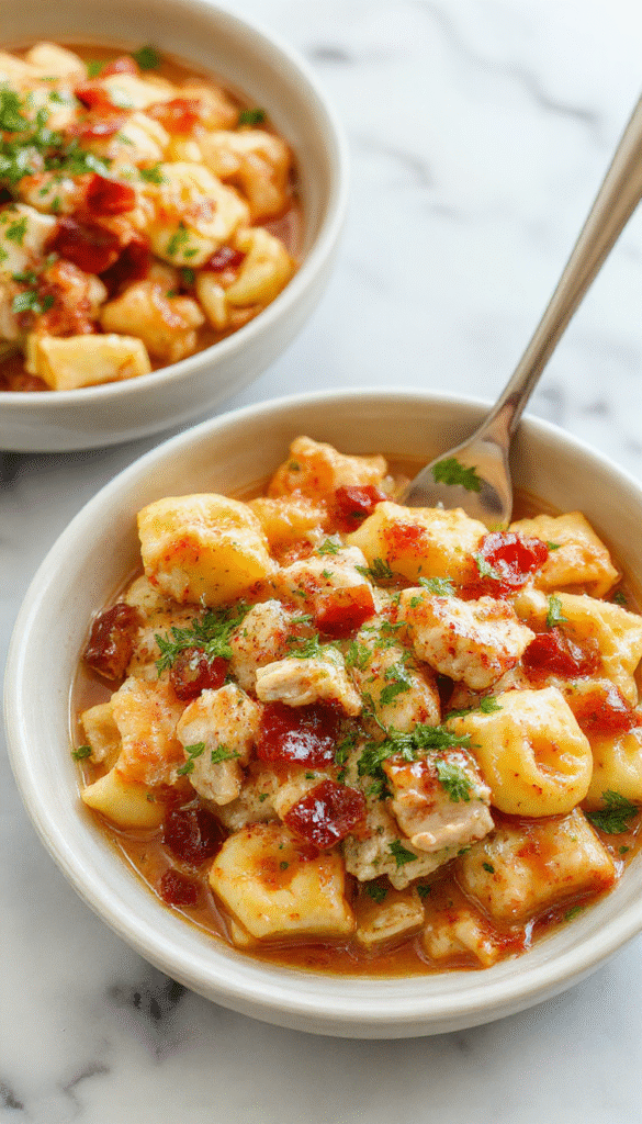 A vibrant plate of chicken tortellini arranged beautifully with fresh herbs and a creamy sauce. The dish features tender tortellini pasta topped with shredded chicken and garnished with chopped parsley, served on a rustic white plate against a wooden background with accompanying ingredients like cherry tomatoes and spinach.