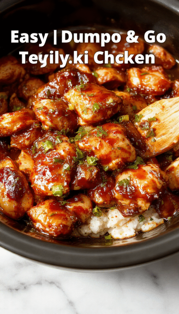 Colorful bowl of tender crockpot teriyaki chicken garnished with sesame seeds and chopped green onions, glazed with a shiny teriyaki sauce, served alongside steamed vegetables and white rice, styled in a modern kitchen setting with a rustic wooden background.