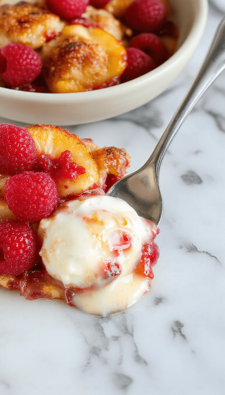 A vibrant peach and raspberry cobbler served in a rustic white bowl, topped with golden crust and fresh fruit, garnished with mint leaves, and surrounded by whole peaches and raspberries on a light wooden surface.