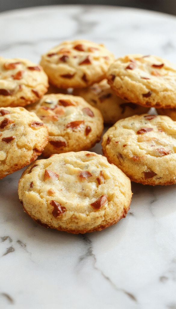 A close-up of golden-brown German butter cookies arranged on a rustic wooden plate, with flaky, buttery textures visible. The cookies are decorated with a light dusting of powdered sugar, set against a pastel background that highlights their crispy edges and soft centers, styled with a vintage vibe and fresh sprigs of herbs around.