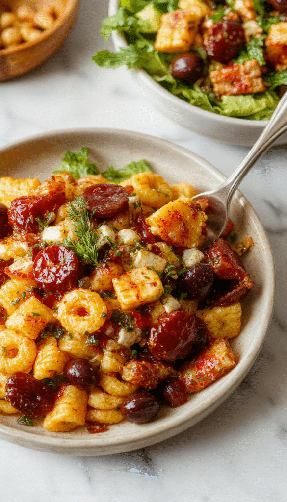 A vibrant bowl of fall harvest pasta salad featuring colorful spiral pasta mixed with roasted butternut squash, cranberries, chopped kale, and toasted pecans, garnished with fresh herbs on a rustic wooden table, with a drizzle of vinaigrette, capturing rich autumn tones and textures