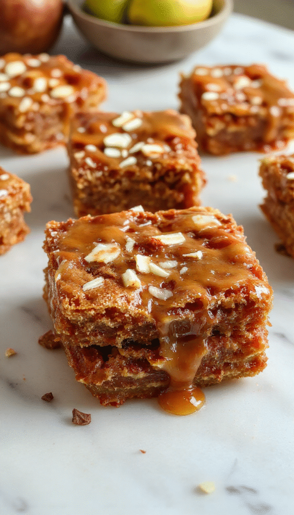 A close-up of golden-brown apple bars topped with glossy salted caramel drizzle, garnished with flaky sea salt, served on a rustic wooden platter with cinnamon sticks and sliced fresh apples in the background, emphasizing warm autumn tones and inviting textures.