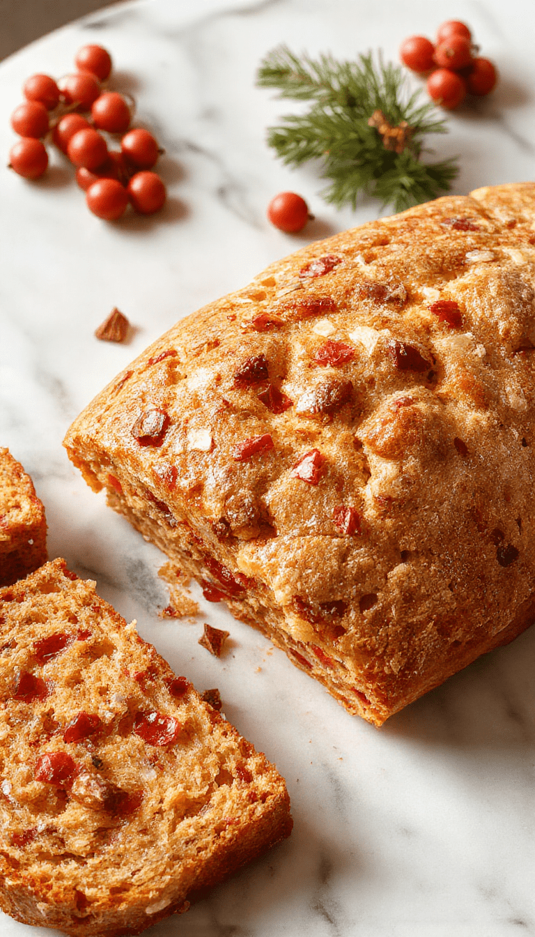 A beautifully sliced Christmas bread loaf on a rustic wooden cutting board, surrounded by festive decorations, with a golden-brown crust, soft inside, topped with powdered sugar, and garnished with holly leaves and red berries, styled in warm, inviting lighting.