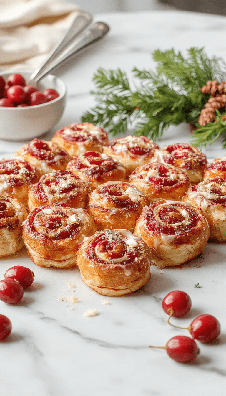 Colorful festive cranberry roll ups arranged on a white plate, showcasing vibrant red cranberries and creamy filling, garnished with mint leaves and powdered sugar, with a blurred holiday theme in the background.