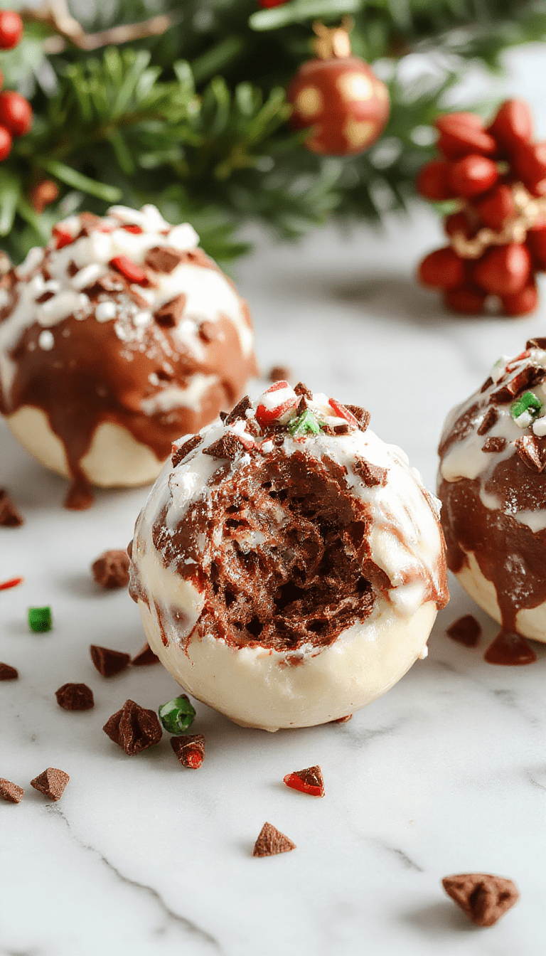A colorful Christmas-themed hot chocolate bomb resting on a plate, bursting open to reveal rich melted chocolate and marshmallows, surrounded by cinnamon sticks and candy canes, with a cozy winter backdrop featuring twinkling fairy lights and holiday decorations