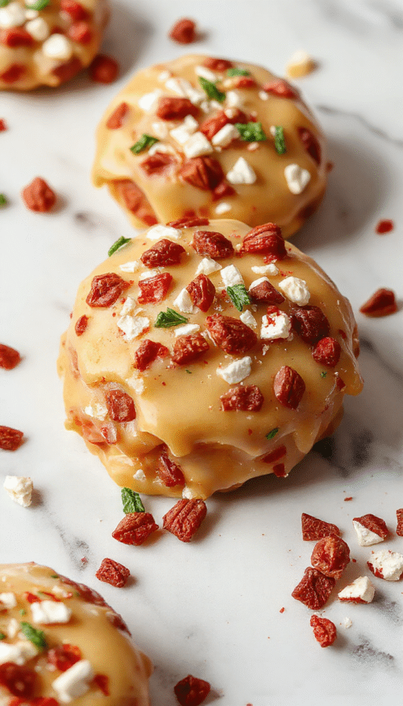A close-up of golden caramelized toffee layered with rich chocolate, sprinkled with crushed nuts and colorful holiday sprinkles, arranged on a festive red plate with a holiday-themed backdrop.
