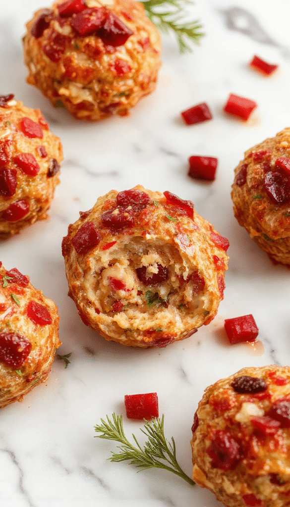 Colorful holiday appetizer featuring golden-brown stuffing balls filled with cranberries and turkey, arranged on a rustic white plate garnished with fresh herbs, with a festive background of Christmas decorations and twinkling lights.