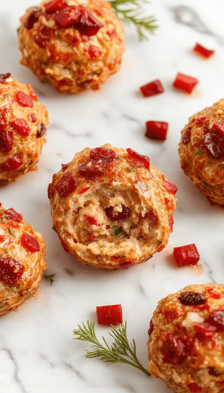 Colorful holiday appetizer featuring golden-brown stuffing balls filled with cranberries and turkey, arranged on a rustic white plate garnished with fresh herbs, with a festive background of Christmas decorations and twinkling lights.