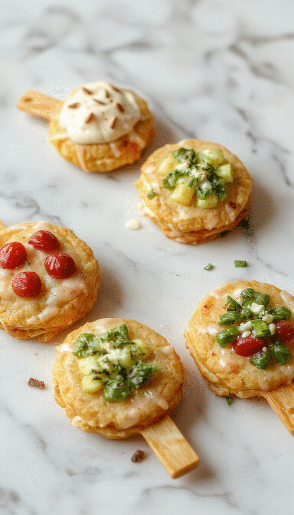 Colorful children's Christmas platter featuring mini sandwiches, Santa-shaped cookies, and vibrant fruit skewers, all beautifully arranged on a festive red and green table with holiday decorations in the background, styled to look appealing and fun for kids